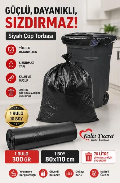 Kalın Çöp Torbası 10'lu Boy 300 gr X 1 Rulo Siyah Çöp Poşeti 80x110 Cm Jumbo Endüstriyel Çöp Torbası ürün görseli 1