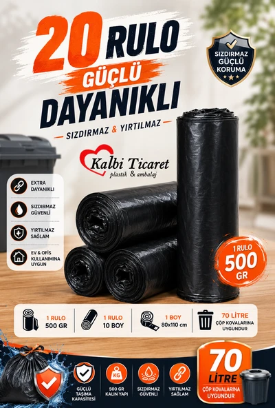 Kalın Çöp Torbası 500 gr X 20 Rulo Siyah Çöp Poşeti 80x110 Cm Jumbo Endüstriyel Çöp Torbası ürün görseli 1