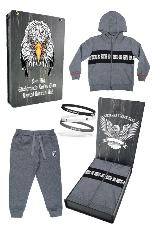 Beşiktaş Orijinal Çocuk Kapüşonlu Eşofman Takımı + Bileklik Set Hediyelik Ahşap Kutulu ürün görseli 1