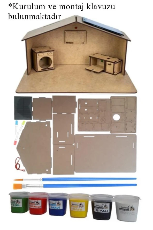Boyanabilir Güneş Enerjili Ev Yapım Seti 1 Paket Güneş Paneli Mantar Led Lamba Mdf Ev Maketi Akrilikboya Resim Fırçası Deney Proje ürün görseli 1