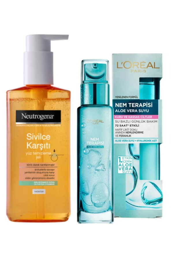 Sivilce Karşıtı Yüz Temizleme Jeli Ve Loreal Nem Terapisi Aloe Vera Suyu Kuru Ve Hassas Ciltler 70ml ürün görseli 1