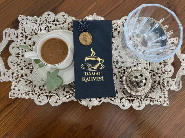 Gold Yaldızlı Siyah Çiçekli Mühürlü Damat Kahvesi Garson Peçete 1 Adet ürün görseli 1