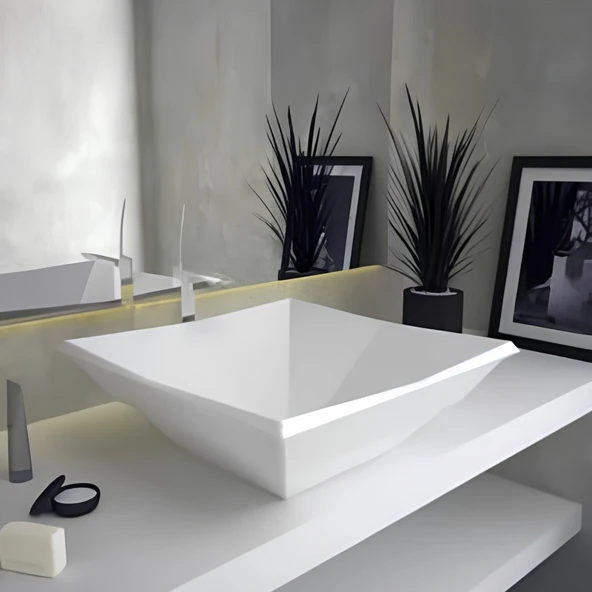 Bien Kristal Tezgah Üstü Batarya Deliksiz Beyaz Kare Lavabo 41x41 Cm ürün görseli 1