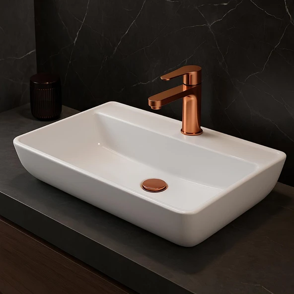 Newarc Domino Tezgâh Üstü Batarya Delikli Beyaz Lavabo 68x38 Cm 5019BT (DOM.L071) ürün görseli 1