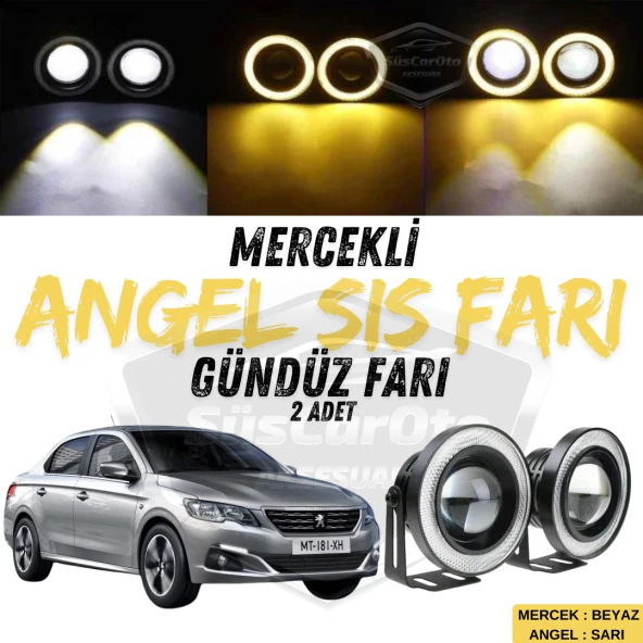 Peugeot 301 2012-2021 Uyumlu Üniversal Mercekli Angel Sis Farı Metal Su Geçirmez 76 mm Sarı Halkalı Gündüz Farı Angel Eyes 2 Adet ürün görseli 1