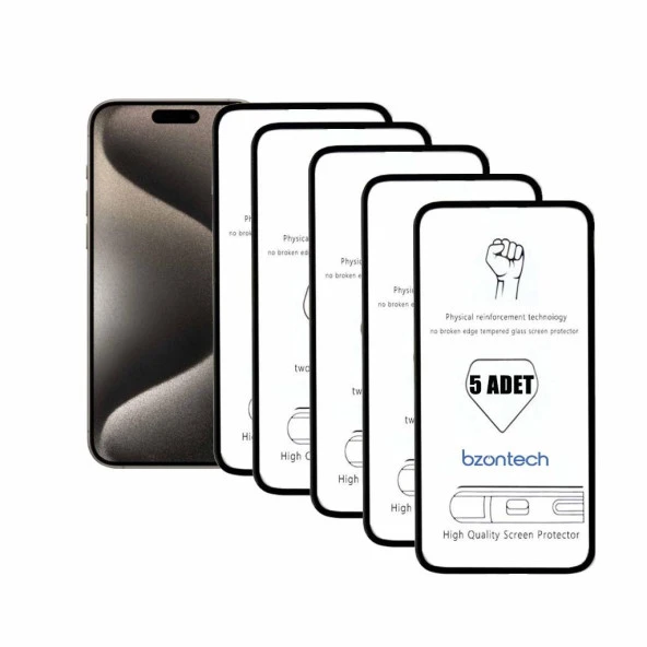 Bzontech iPhone 15 Pro Max ile Uyumlu Ekran Koruyucu Tam Kaplayan 5li Set ürün görseli 1