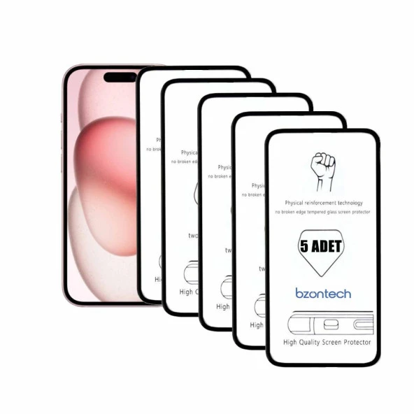 Bzontech iPhone 15 ile Uyumlu Ekran Koruyucu Tam Kaplayan 5li Set ürün görseli 1