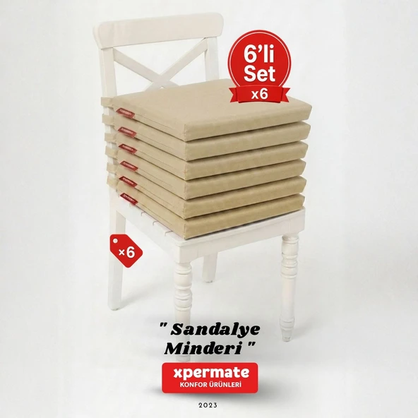 XPERMATE 6'lı Sandalye Minderi Su İtici Kumaş 40x40 cm Sünger Sandalye Minderi Bağcıklı Bej ürün görseli 1
