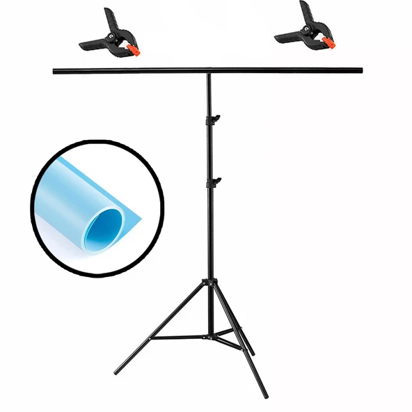 GDX Seyyar 120x200cm Mavi PVC Fon Perde Seti T-Profil Standlı Mat Mavi Ürün Çekim Fon Seti ürün görseli 1