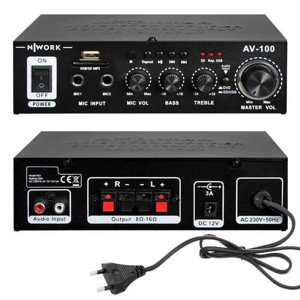 NWORK AV-100 Anfi 100 Watt 12V 220V Bluetooth Usb Sd - Resim 2
