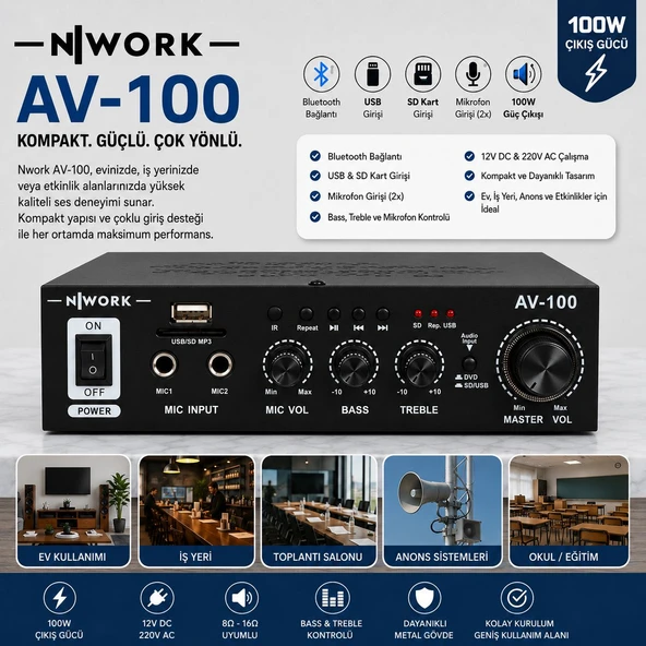 NWORK AV-100 Anfi 100 Watt 12V 220V Bluetooth Usb Sd ürün görseli 1