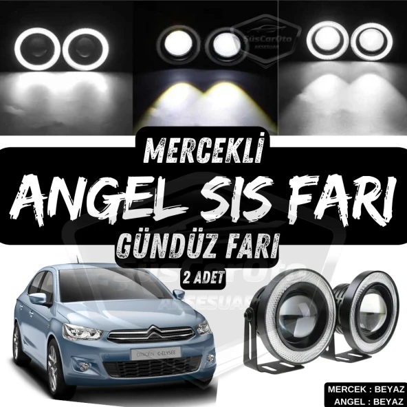 Citroen C Elysee 2012-2023 Uyumlu Üniversal Mercekli Angel Sis Farı Metal Su Geçirmez 76 mm Beyaz Halkalı Gündüz Farı Angel Eyes 2 Adet ürün görseli 1