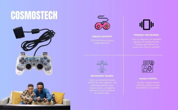 Cosmostech PS2 Controller Oyun Kolu , Titreşimli Gamepad Joystick - Resim 5