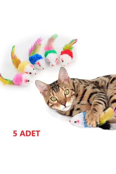 Renkli Tüylü Gerçekci Fare Kedi Oyuncağı 5 Adet ürün görseli 1