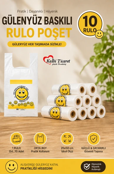 Rulo Poşet Orta Boy 10 Rulo Gülenyüz Baskılı Poşet Hışır Atlet Poşet Market Manav Poşeti ürün görseli 1