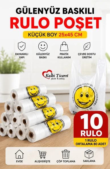 Rulo Poşet Küçük Boy 10 Rulo Gülenyüz Baskılı Poşet Hışır Atlet Poşet Market Manav Poşeti ürün görseli 1