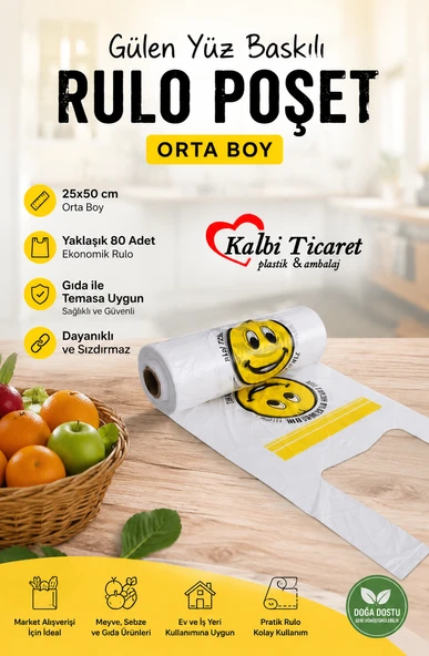 Rulo Poşet Orta Boy Gülenyüz Baskılı Poşet Hışır Atlet Poşet Market Manav Poşeti Beyaz Poşet ürün görseli 1