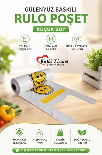 Rulo Poşet Küçük Boy Gülenyüz Baskılı Poşet Hışır Atlet Poşet Market Manav Poşeti Beyaz Poşet ürün görseli 1