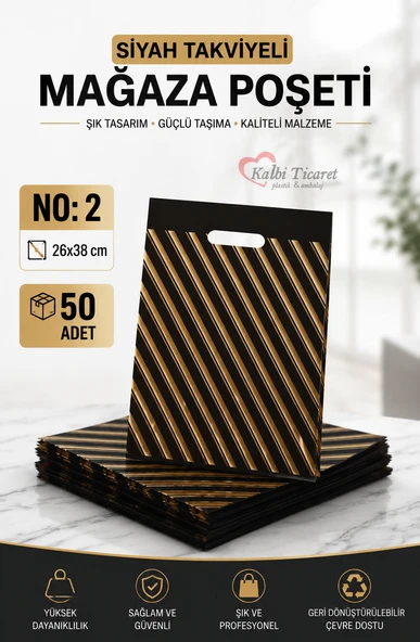 Mağaza Poşeti Çizgili Siyah Poşet (NO 2) 50'li Diagonal Takviyeli Poşet ürün görseli 1