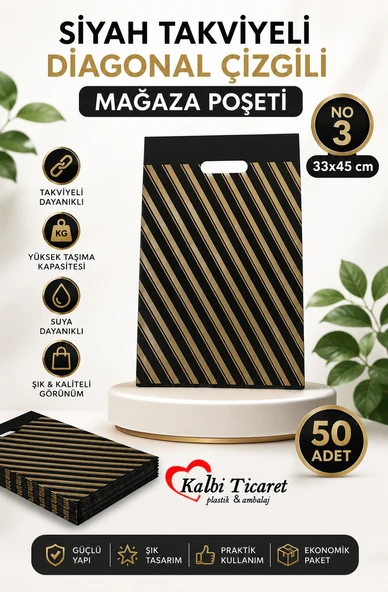 Mağaza Poşeti Çizgili Siyah Poşet (NO 3) 50'li Diagonal Takviyeli Poşet ürün görseli 1
