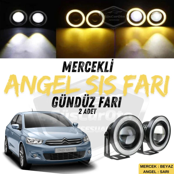 Citroen C Elysee 2012-2023 Uyumlu Üniversal Mercekli Angel Sis Farı Metal Su Geçirmez 76 mm Sarı Halkalı Gündüz Farı Angel Eyes 2 Adet ürün görseli 1