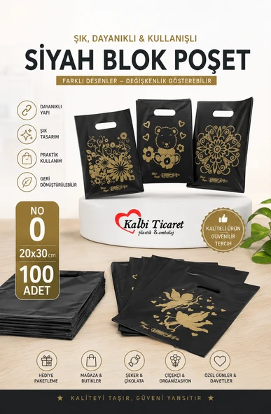 Siyah Poşet 100'lü No 0 Takviyeli Poşet 20x30 cm El Geçme Baskılı Poşet Blok Poşet ürün görseli 1
