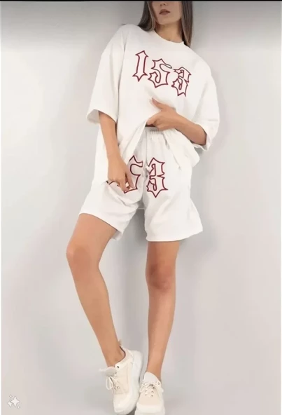 Unisex Nakış İşlemeli Şort Takım - Beyaz - Resim 3