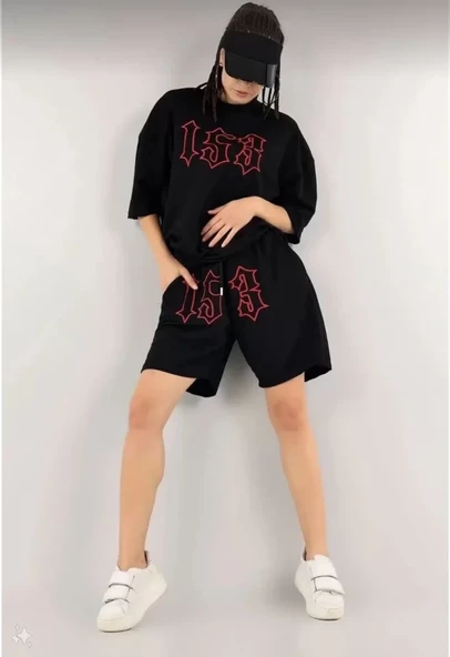 Unisex Nakış İşlemeli Şort Takım - Siyah - Resim 2