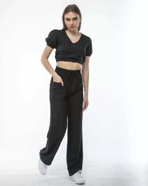 Kadin Keten Pantalon Ve Crop Takım - Siyah ürün görseli 1