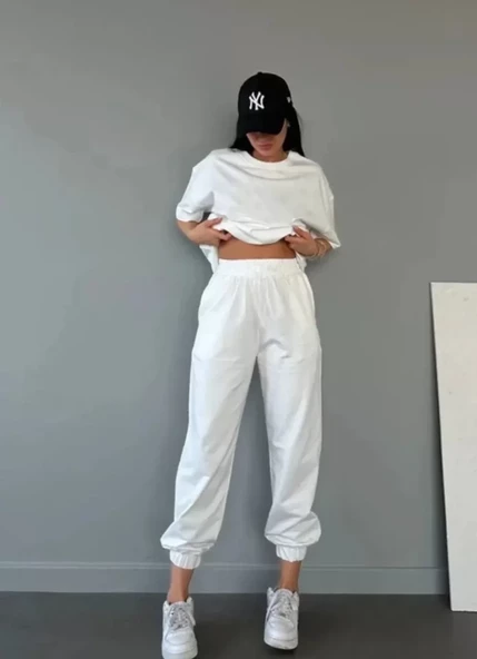 Unisex Düz T-Shirt Ve Eşofman Takımı - Beyaz ürün görseli 1