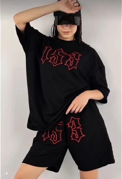 Unisex Nakış İşlemeli Şort Takım - Siyah ürün görseli 1