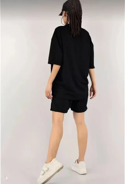 Unisex Nakış İşlemeli Şort Takım - Siyah - Resim 4