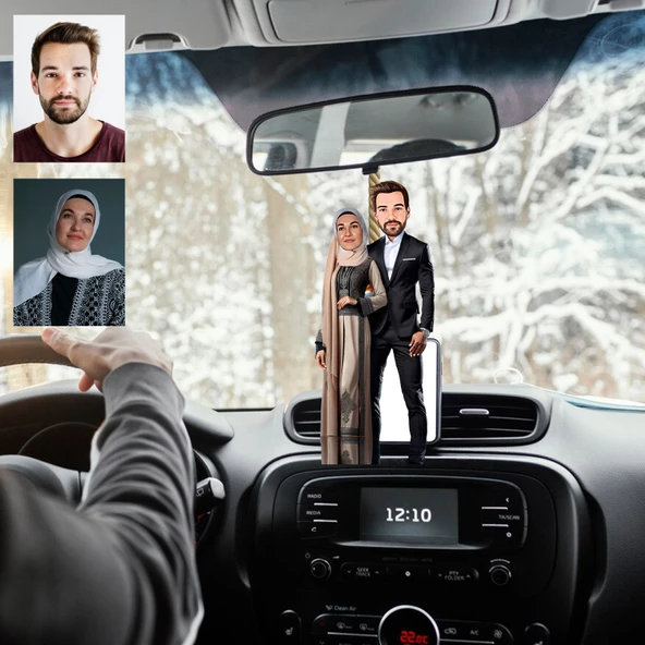 Tesettürlü Kadın ve Eşi Tasarımlı Ahşap Araba Dikiz Ayna Süsü ürün görseli 1