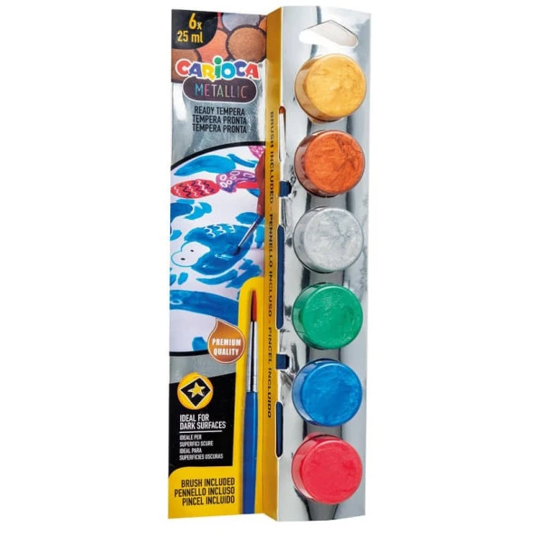 Carioca Tempera Yıkanabilir Poster Boya 25 ml x 6 Metalik Renk Fırçalı Set ürün görseli 1