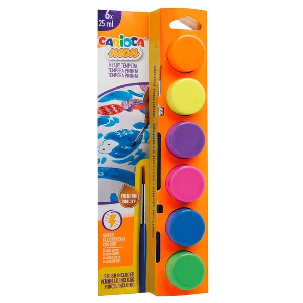 Carioca Tempera Yıkanabilir Poster Boya 25 ml x 6 Fosforlu Renk Fırçalı Set ürün görseli 1