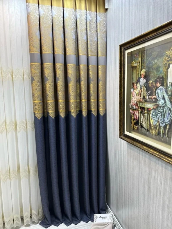 NİVEMESHOME MİLAS ANTRASİT-GOLD 671539 1/3 SIK PİLELİ FON PERDE APM ürün görseli 1