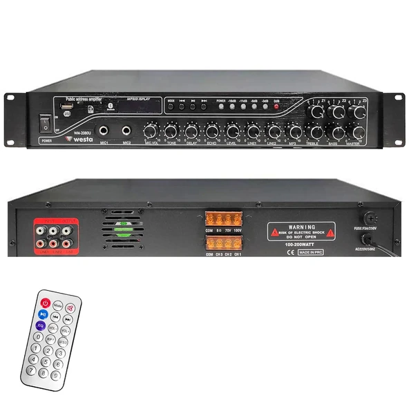 MİXER ANFİ 200W 3 BÖLGELİ BASS TREBLE ECHO BT/USB/SD TRAFOLU WESTA WM-2080U ürün görseli 1