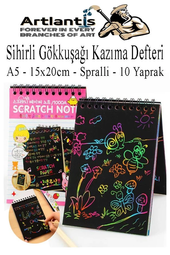 Sihirli Gökkuşağı Kazıma Defteri A5 15x20 cm 1 Paket 10 Sayfa Scratch Note Spralli Siyah Sihirli Resim Defteri ürün görseli 1