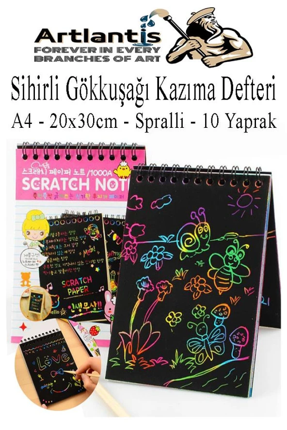 Sihirli Gökkuşağı Kazıma Defteri A4 20x30 cm 1 Paket 10 Sayfa Scratch Note Spralli Siyah Sihirli Resim Defteri ürün görseli 1