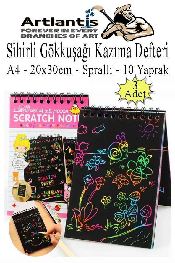 Sihirli Gökkuşağı Kazıma Defteri A4 20x30 cm 3 Paket 10 Sayfa Scratch Note Spralli Siyah Sihirli Resim Defteri ürün görseli 1