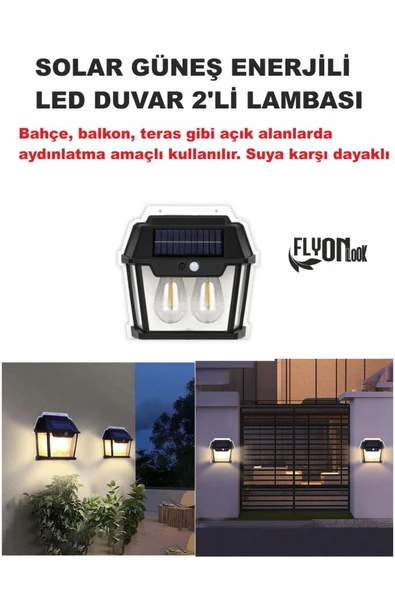 Solar Güneş Enerjili Bahçe,Teras,Balkon,Dış Mekan Sensör Kademeli 2'Lİ Filament Led Aydınlatma Fener ürün görseli 1