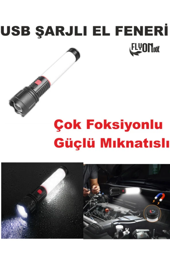Şajlı El Feneri Çok Fonksiyonlu Fener Hem Ortam Aydınlatma ve Kırmızı Mavi Flaşör Lamba Mıknatıslı ürün görseli 1