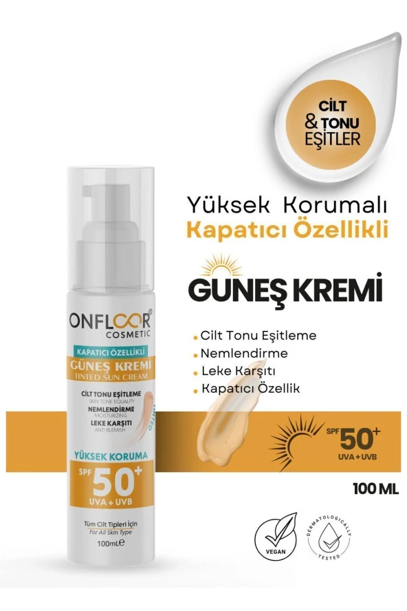 ONFLOOR COSMETİC 100 Ml Güneş Kremi Tinted Kapatıcı Özellikli Spf 50 Tüm Ciltler İçin SKT: 06-2026 ürün görseli 1