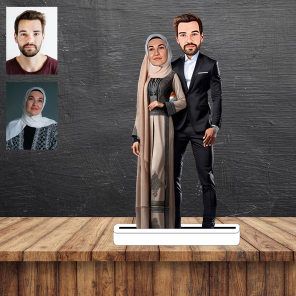 Tesettürlü Kadın ve Eşi Karikatür Figürü,Sevgiliye Hediye,Doğum Günü Hediyesi ürün görseli 1