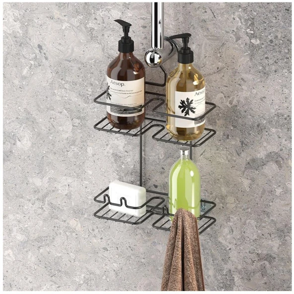 Tekno Tel BK-067 Asmalı 2 Katlı Düz Banyo Duş Rafı Siyah ürün görseli 1