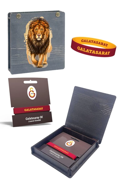 Galatasaray Orijinal Çift Taraflı Silikon Bileklik Aslan Baskılı Hediyelik Ahşap Kutulu ürün görseli 1