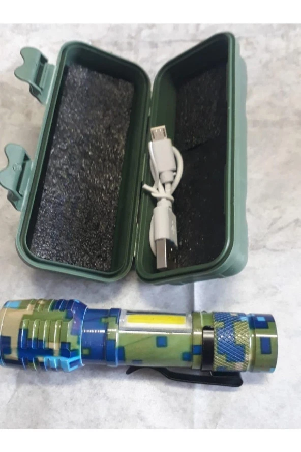 Kamuflaj Desenuşarjlı Mini El Feneri 2mod Yan Led 3w Çakarlı Q5 A ürün görseli 1