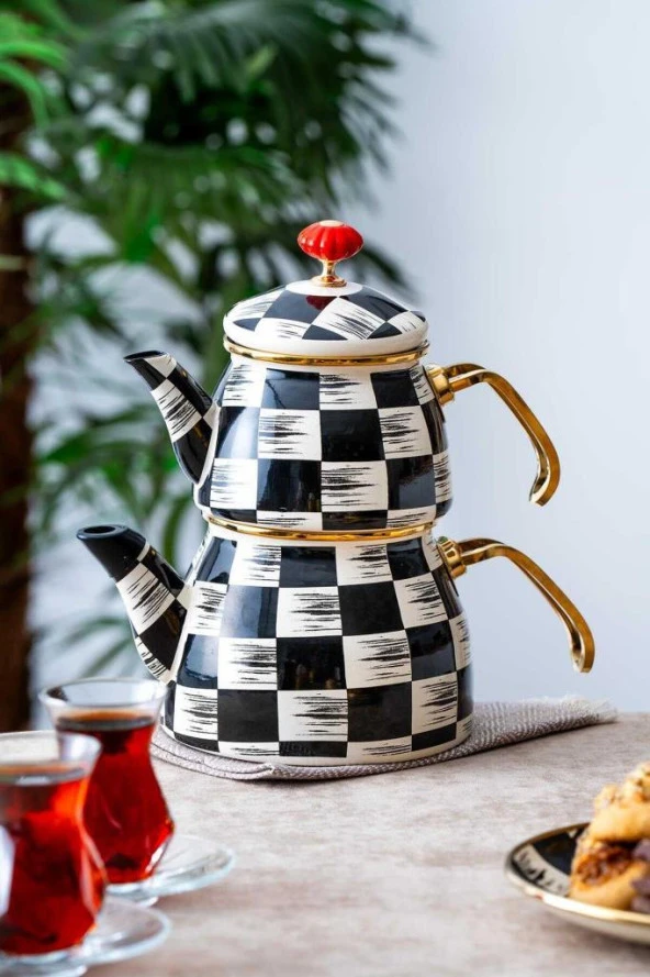 Acar Qualita King Doroty Emaye Çaydanlık Takımı Dama Dekor ürün görseli 1