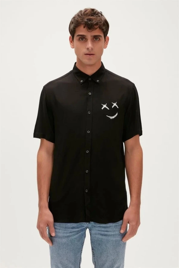 Bad Bear Smile Shirt Siyah Kısa Kollu Baskılı Erkek Gömlek ürün görseli 1