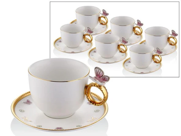 LAMEDORE BUTTERFLY DECAL WHITE GOLD 6PCS TEA CUPS SET ürün görseli 1